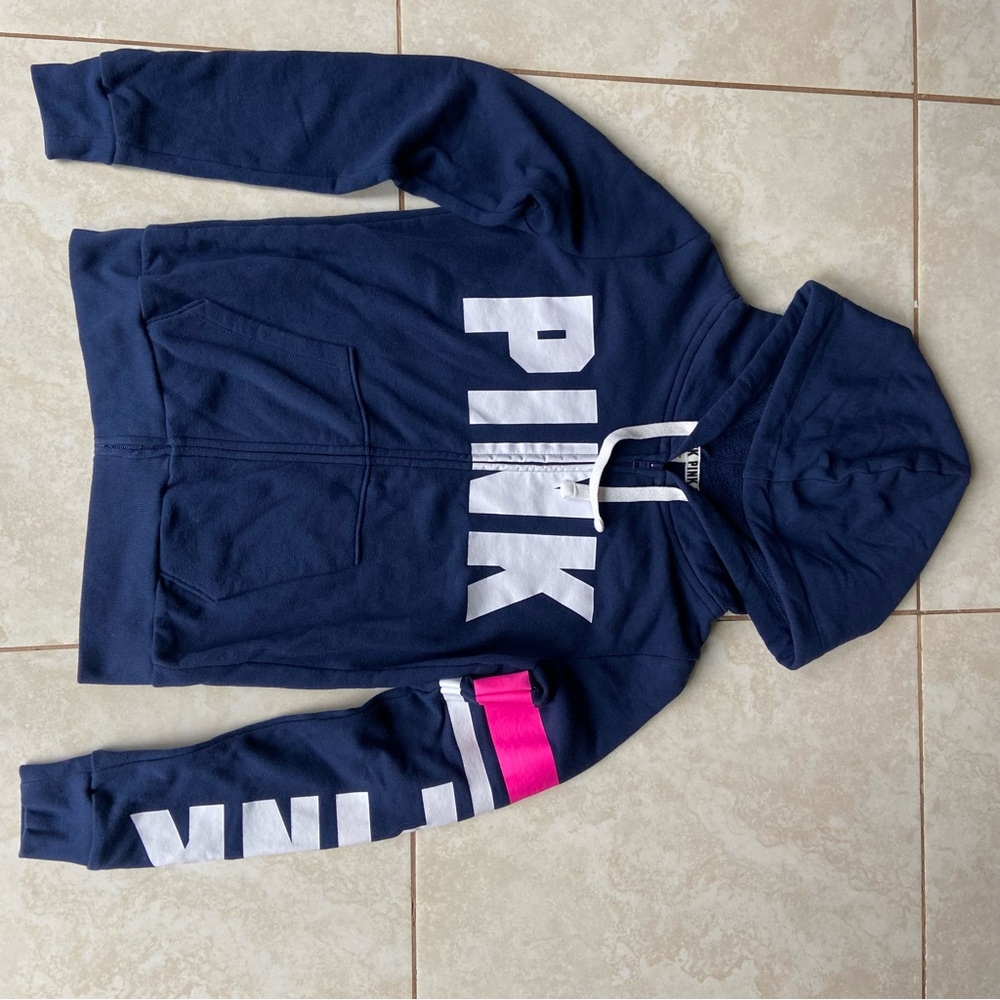 Victoria's Secret Blue and White Hoodie Sweatshirt with Large Branding
